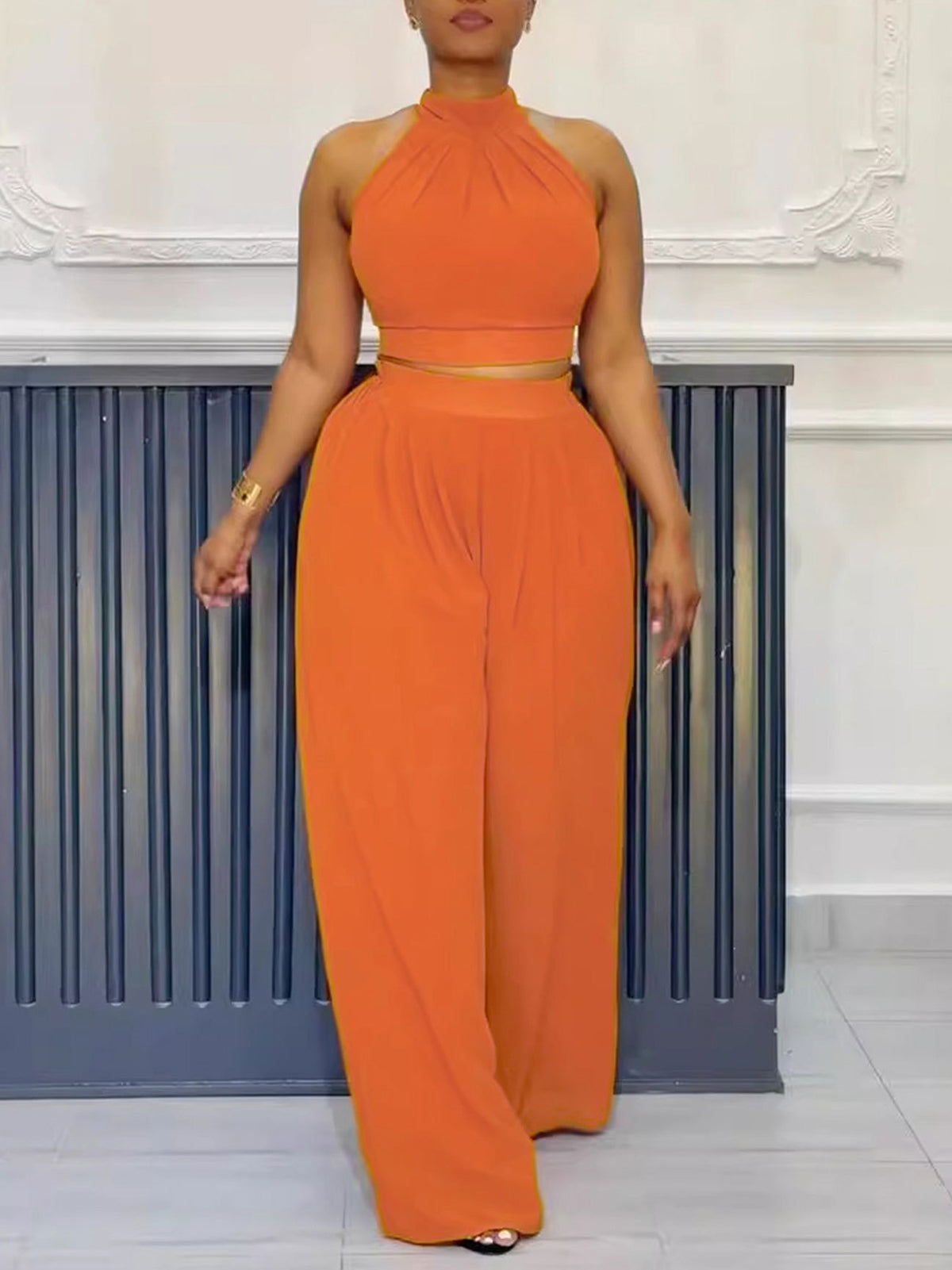 Two-Piece Halter Neck Top Wide Leg Pants Set