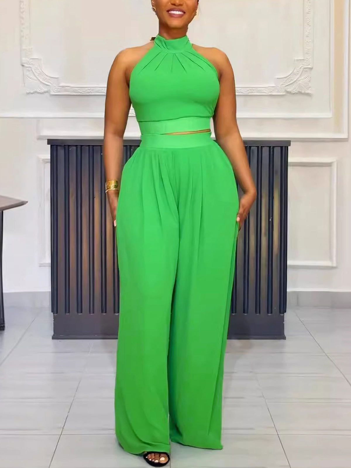 Two-Piece Halter Neck Top Wide Leg Pants Set