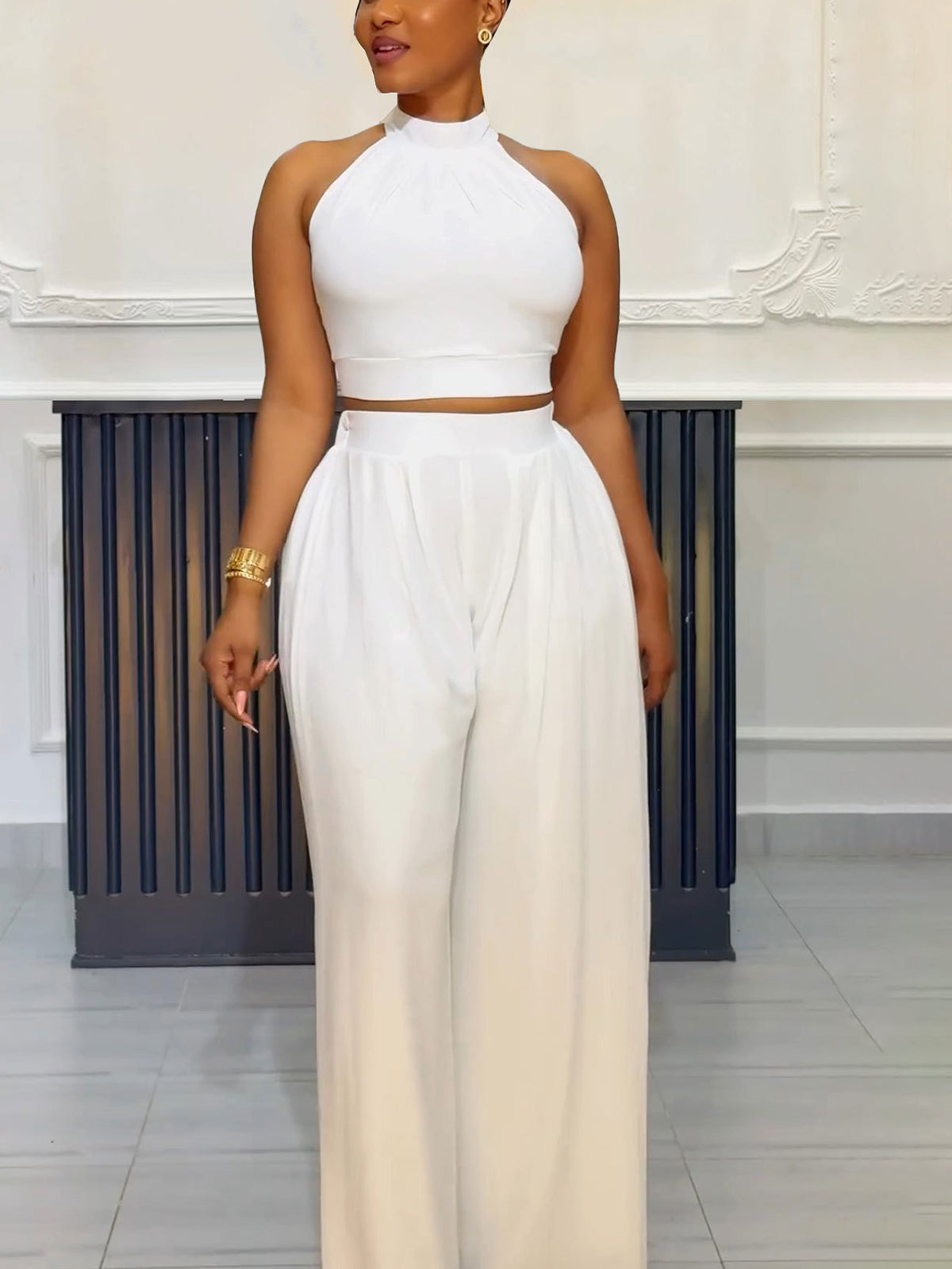 Two-Piece Halter Neck Top Wide Leg Pants Set