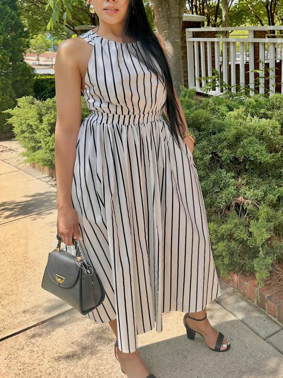 Striped Cross Strap Backless Flare Dress