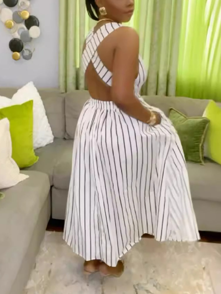 Striped Cross Strap Backless Flare Dress