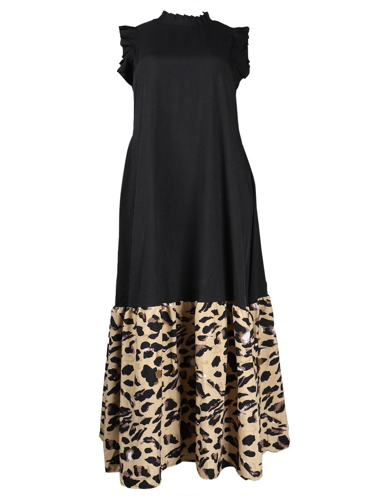 Sleeveless Ruffle Leopard Patchwork Maxi Dress