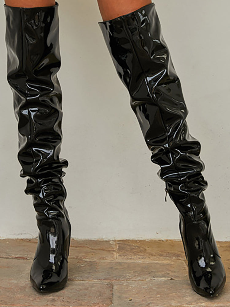 Glossy Leather Pointed Toe Stiletto Boots