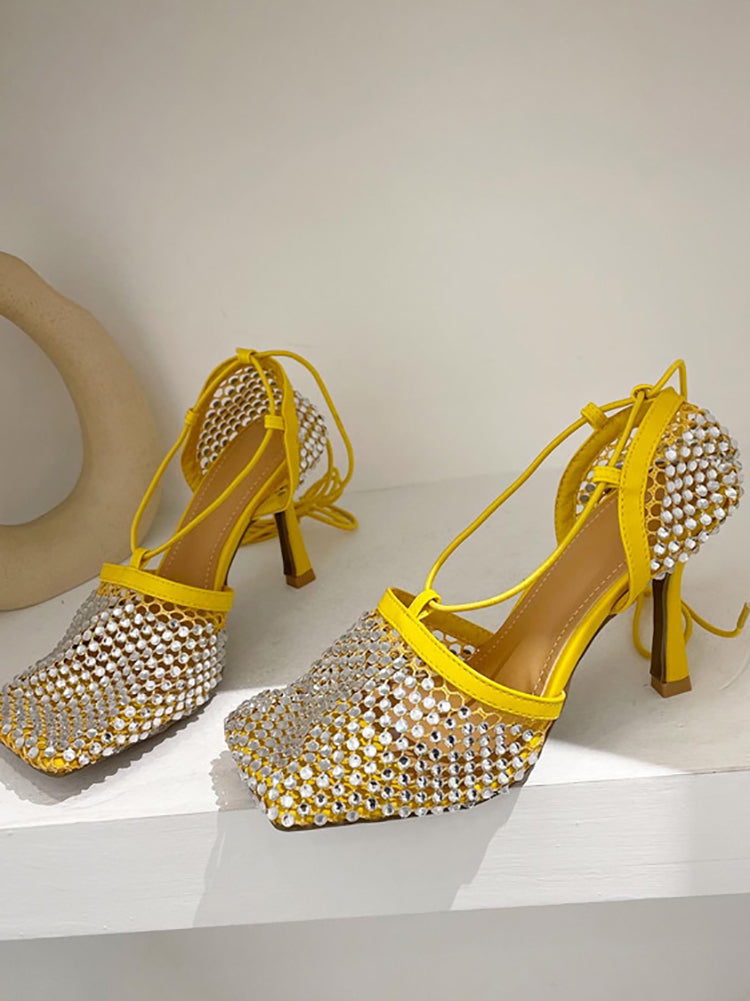 Sparkling Rhinestone Crossed Straps Hollow Out Heeled Sandal