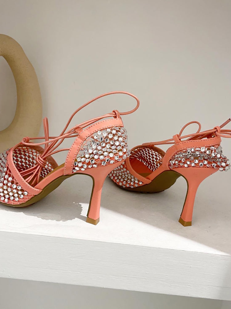 Sparkling Rhinestone Crossed Straps Hollow Out Heeled Sandal