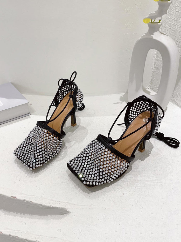 Sparkling Rhinestone Crossed Straps Hollow Out Heeled Sandal