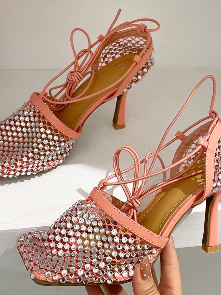 Sparkling Rhinestone Crossed Straps Hollow Out Heeled Sandal