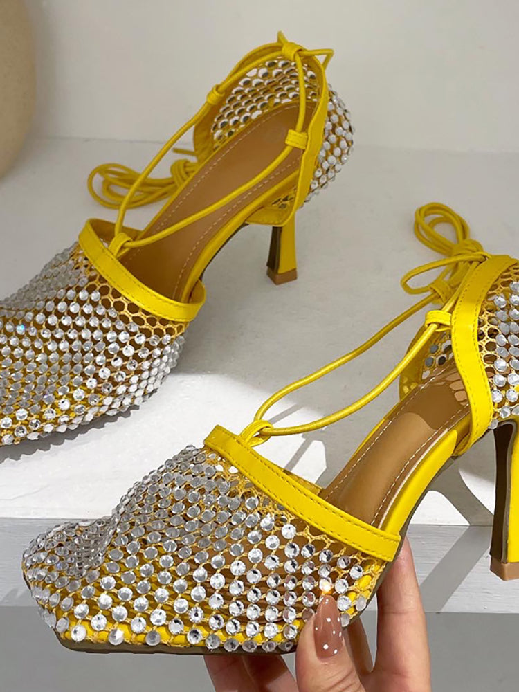 Sparkling Rhinestone Crossed Straps Hollow Out Heeled Sandal