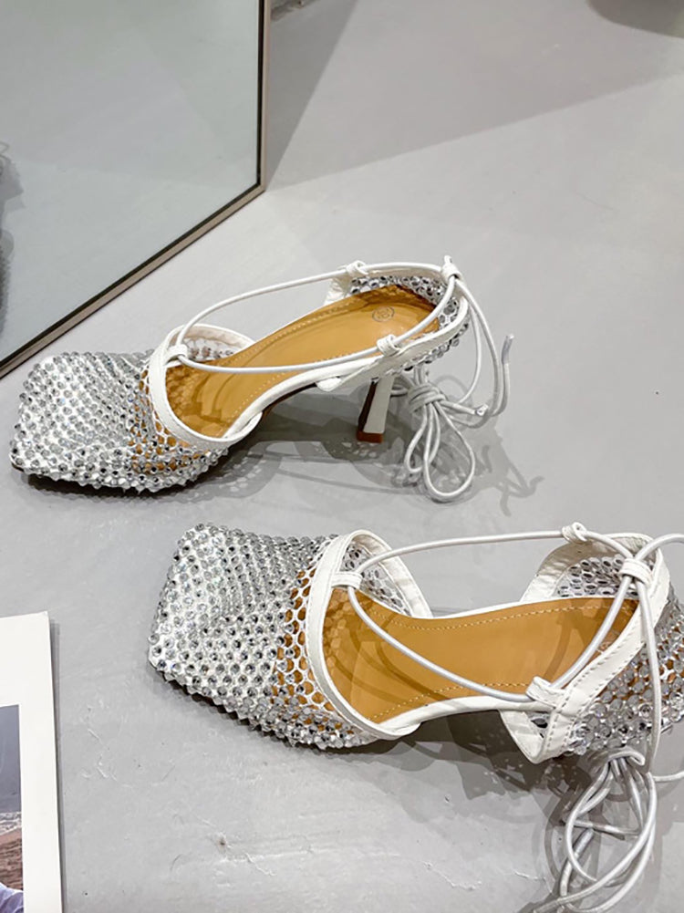 Sparkling Rhinestone Crossed Straps Hollow Out Heeled Sandal