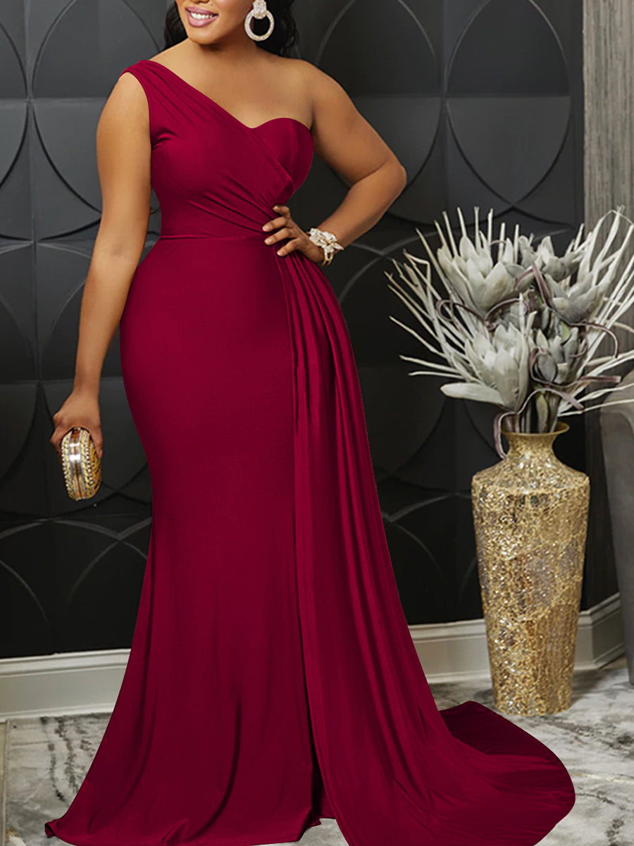 One Shoulder Pleated Bodycon Maxi Dress